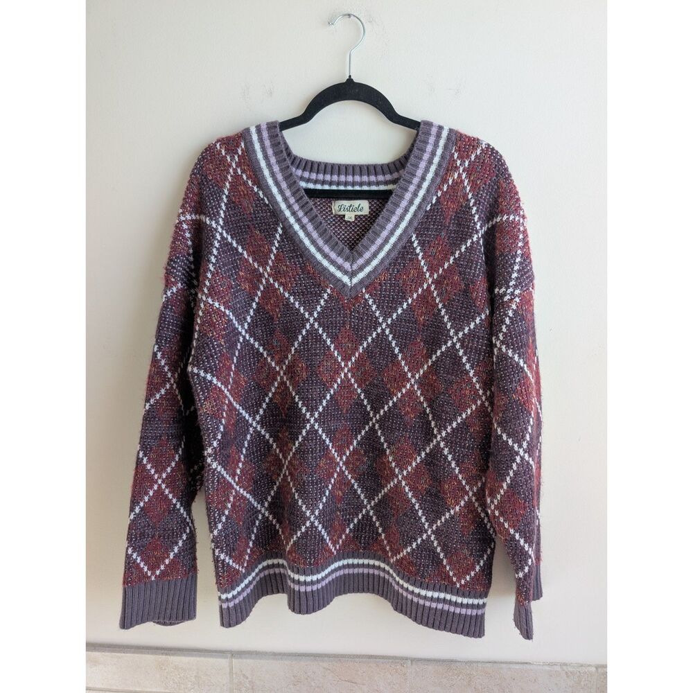 Listicle Argyle Sweater Womens L Purple Burgundy V Neck Oversized Grandpa Preppy